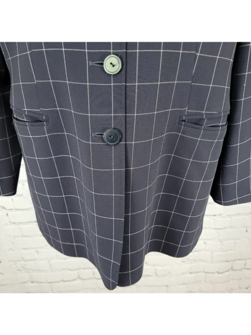 Jaeger Black Pure New Wool Windowpane Buttoned Collarless Suit Jacket Size 12